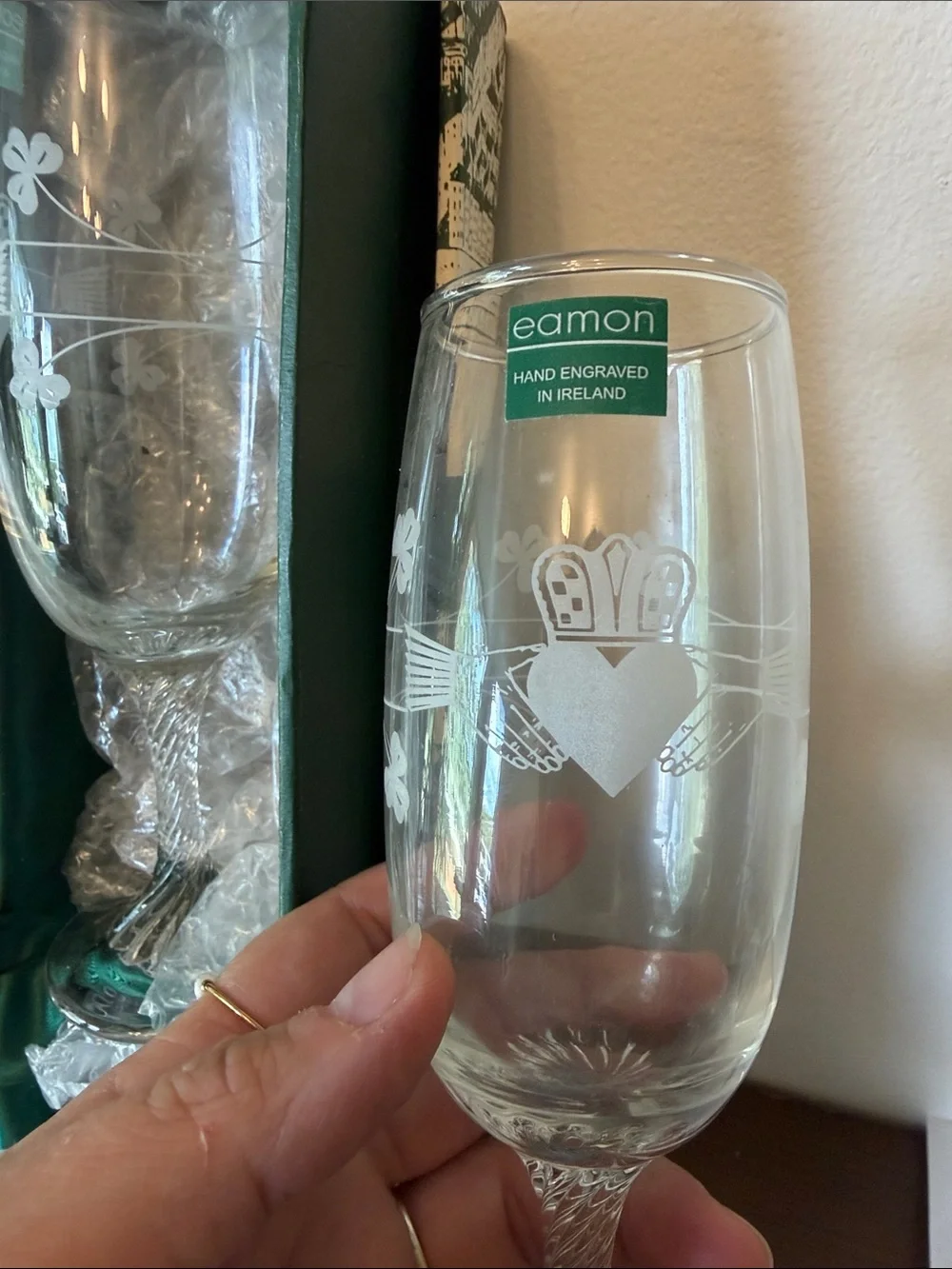 Eamon Crystal Etched Champagne Flutes - Set of 6 with Original Box
